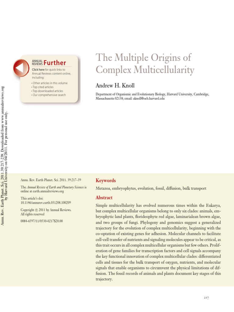 The Multiple Origins of Complex Multicellularity: Further | PDF | Cell ...