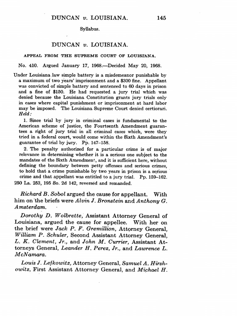 Duncan v. Louisiana, 391 U.S. 145 (1968) PDF Jury Trial Sixth