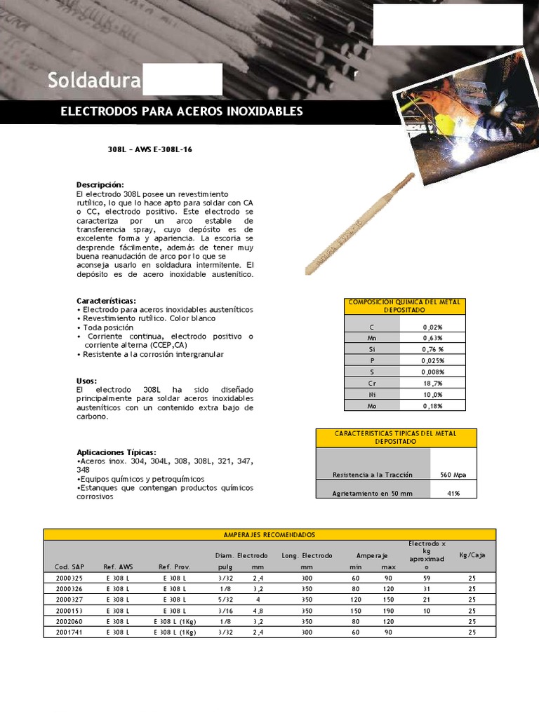Electrodo 308l - Aws - E-308l-16 | PDF | Acero inoxidable | Soldadura