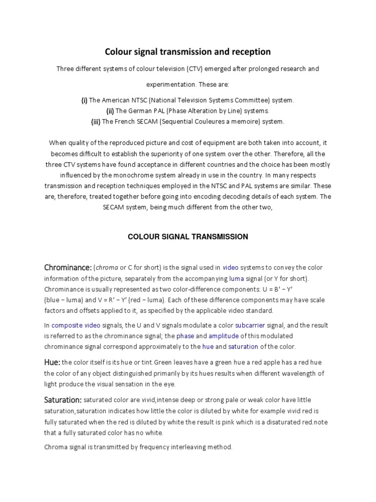 Colour TV Signal Transmission Systems | PDF | Information And ...
