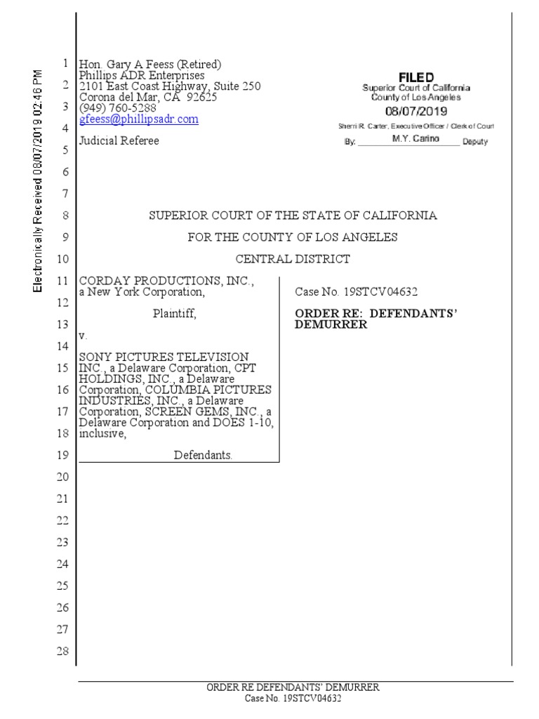 Corday Productions vs. Sony Demurrer Order | PDF | Demurrer ...
