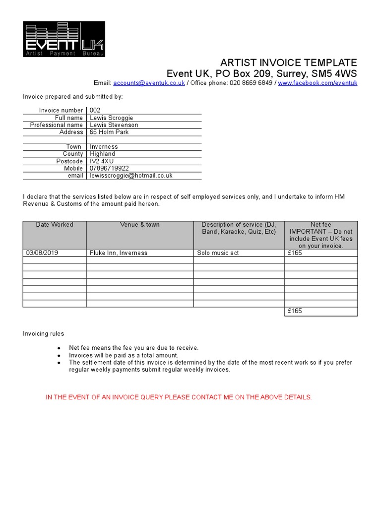 Lewis Scroggie Invoice 22  PDF In Self Employed Invoice Template Uk