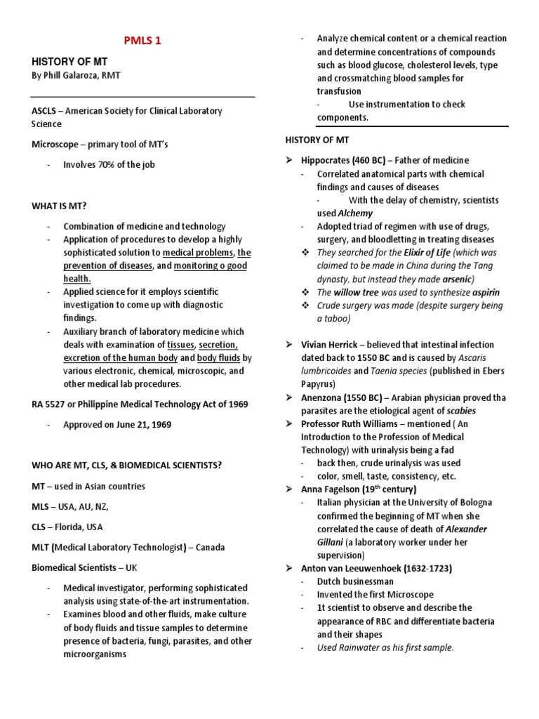 Pmls 1 - Lesson 1 - Overview and History of MT | PDF | Pathology | Medicine