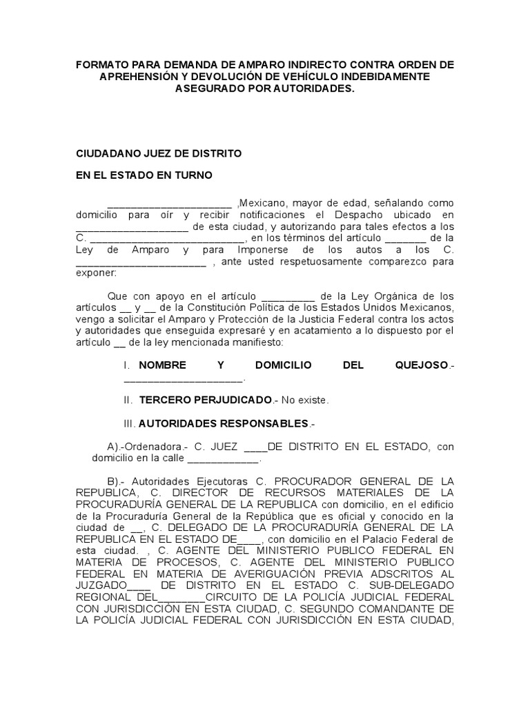 Formato para Demanda de Amparo Indirecto Contra Orden de Aprehension y ...