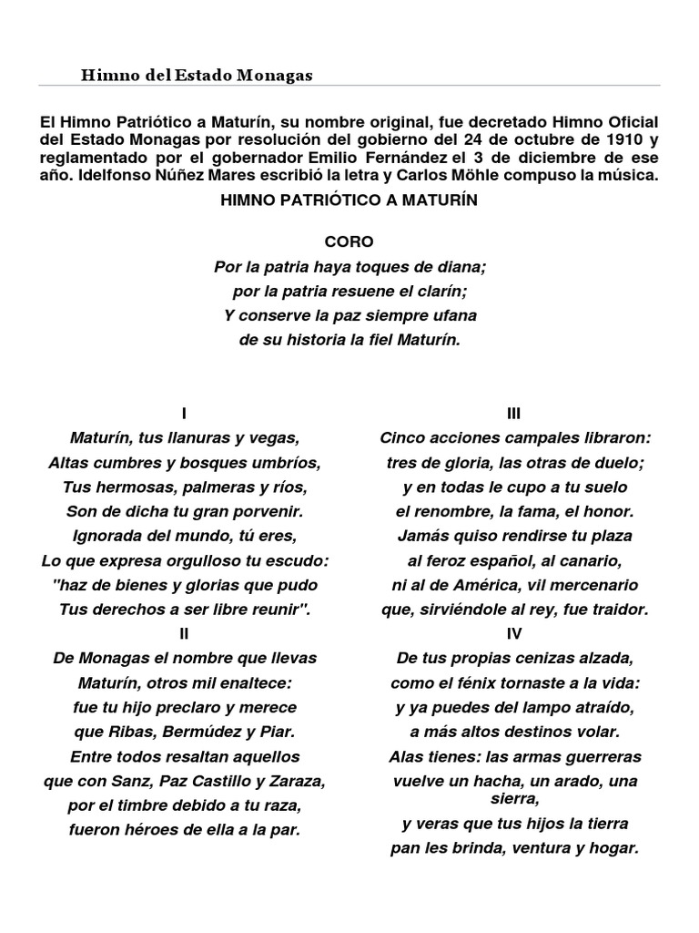 Himno Oficial del Estado Monagas | PDF | Historia | Clásicos