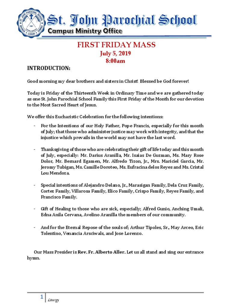 First Friday Mass | PDF | Mass (Liturgy) | Eucharist