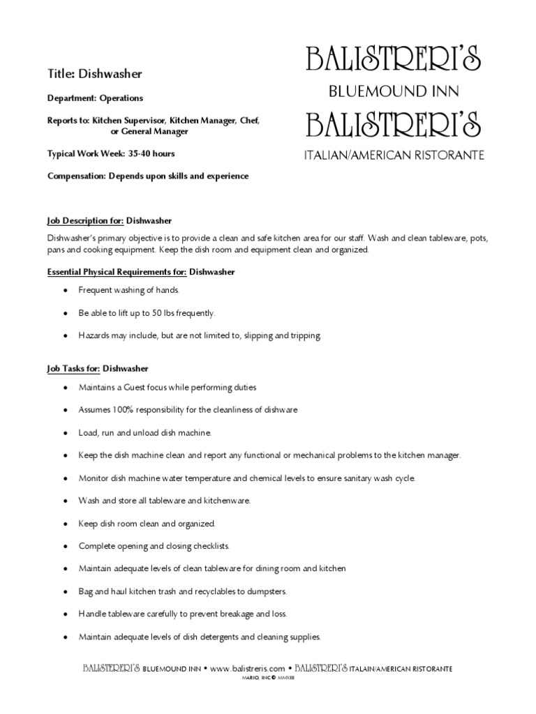 Job Description Dishwasher PDF Speech Dishwasher