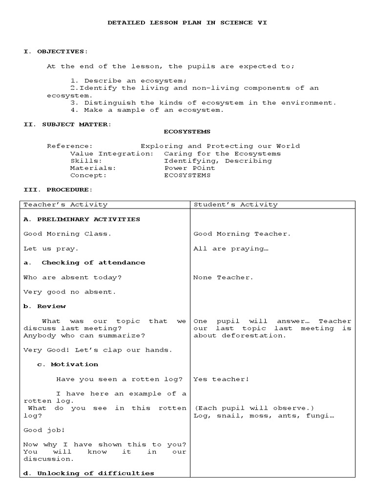 Ecosystem Lesson Plan for Grade 6 | PDF | Ecosystem | Ecology