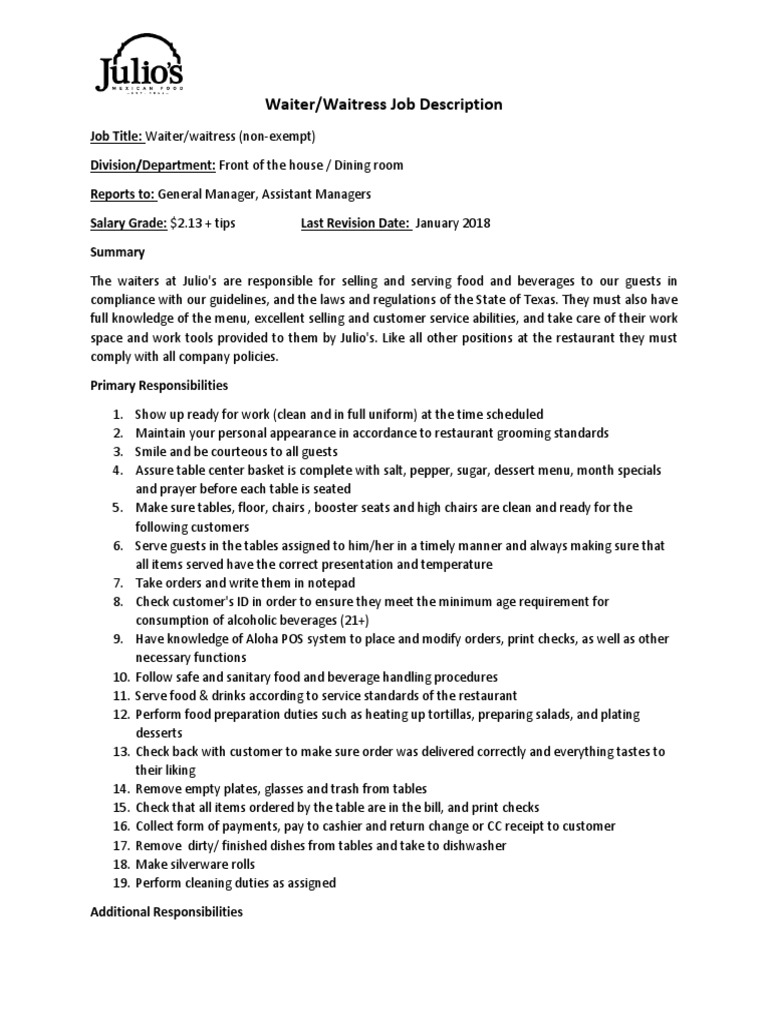 Server Job Description PDF Waiting Staff Food And Drink