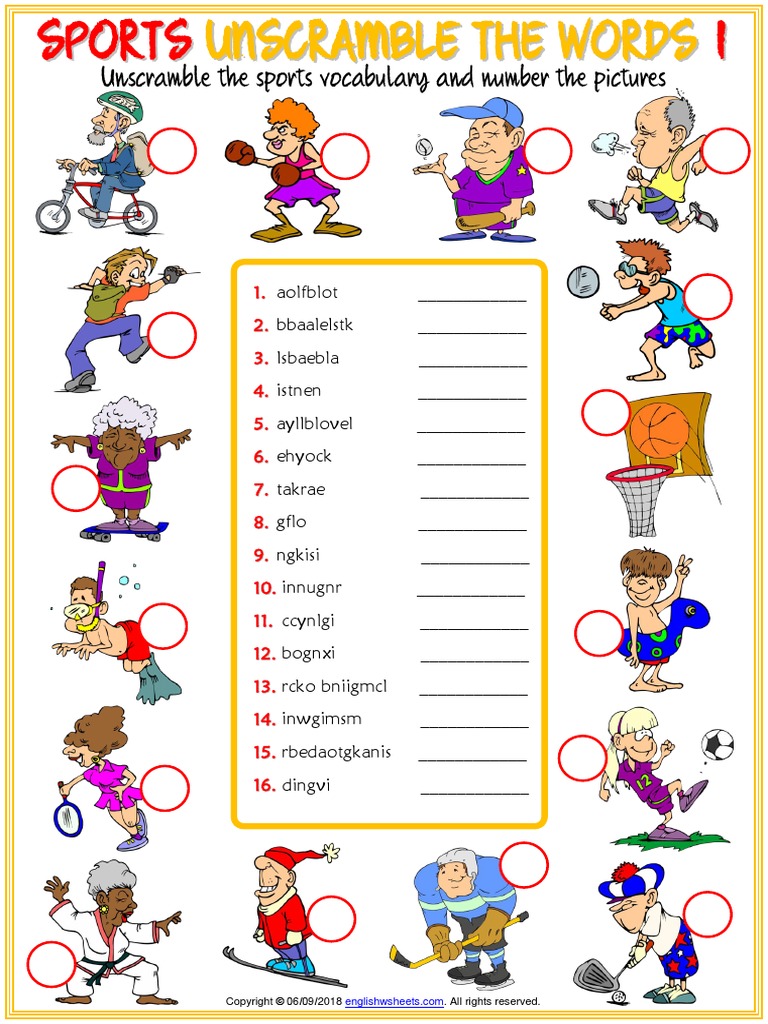 sports vocabulary esl unscramble the words worksheets for kids pdf individual sports sports