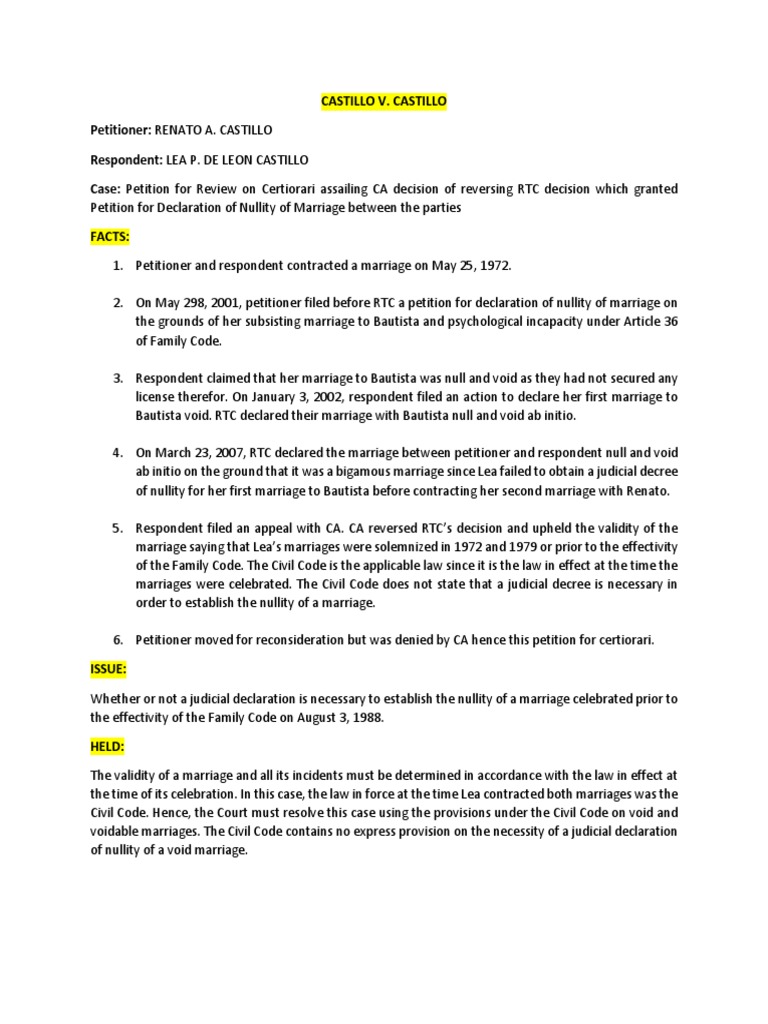 Castillo Marriage Nullity Case Analysis | PDF | Law