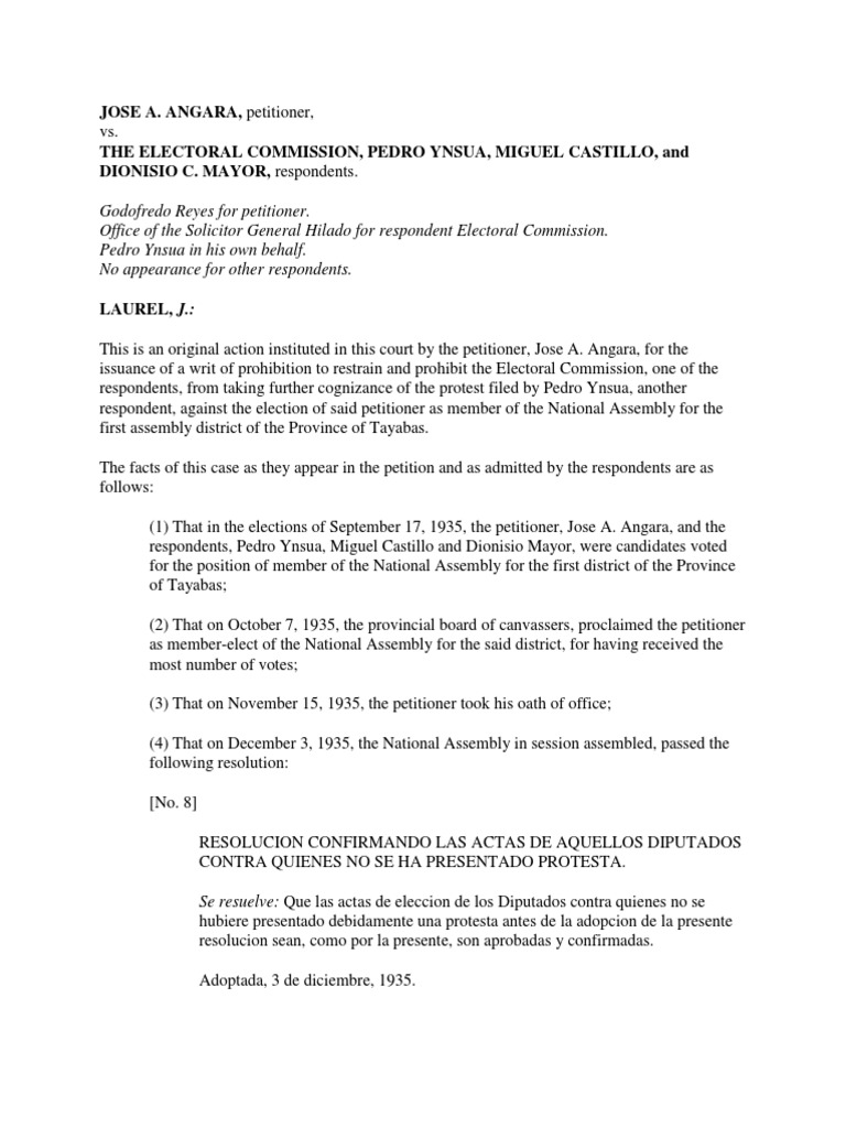 JOSE A. ANGARA, Petitioner, The Electoral Commission, Pedro Ynsua ...