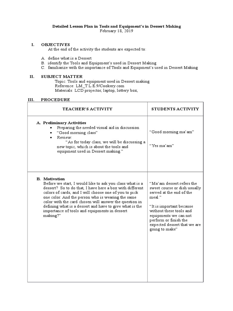 Detailed Lesson Plan in Tools and Equipment in Dessert Making Spoon