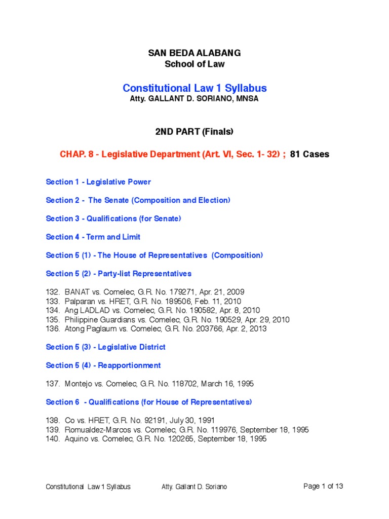Constitutional Law 1 Syllabus Overview | PDF | Commission On Elections ...