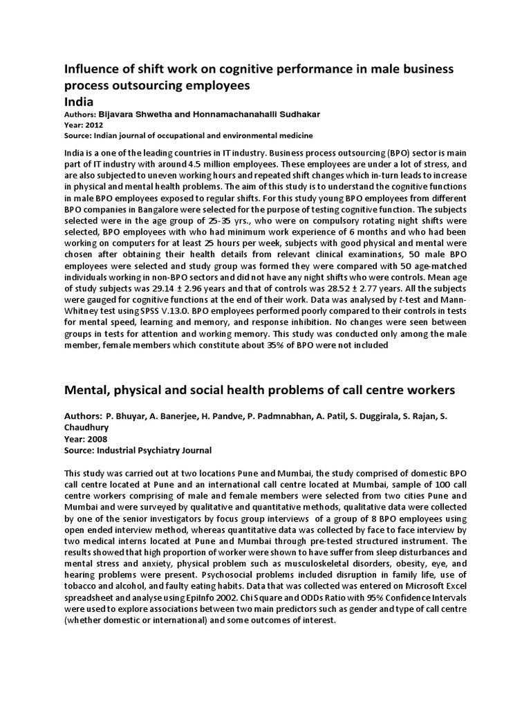 Shift Work Effects on BPO Employee Cognition | PDF | Shift Work | Nursing
