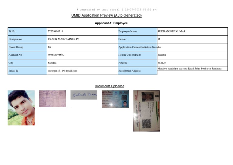 UMID Application Preview (Auto Generated) : Applicant-1: Employee | PDF