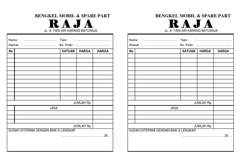 Nota Pembayaran Bengkel Mobil | PDF