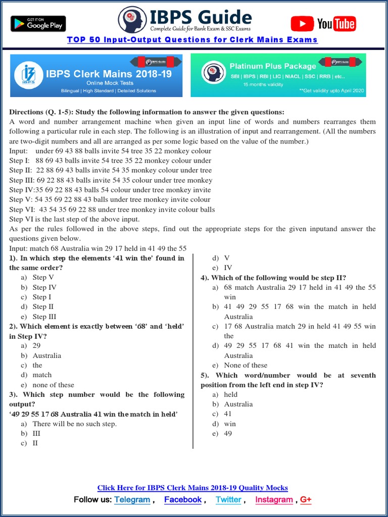 TOP 50 Input-Output Questions For Clerk Mains Exams | PDF | Input ...