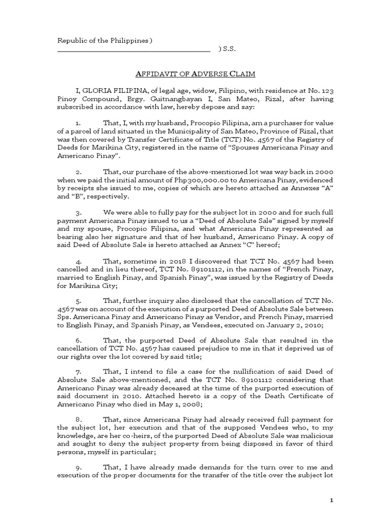 Affidavit of Adverse Claim on Property | PDF | Affidavit | Common Law