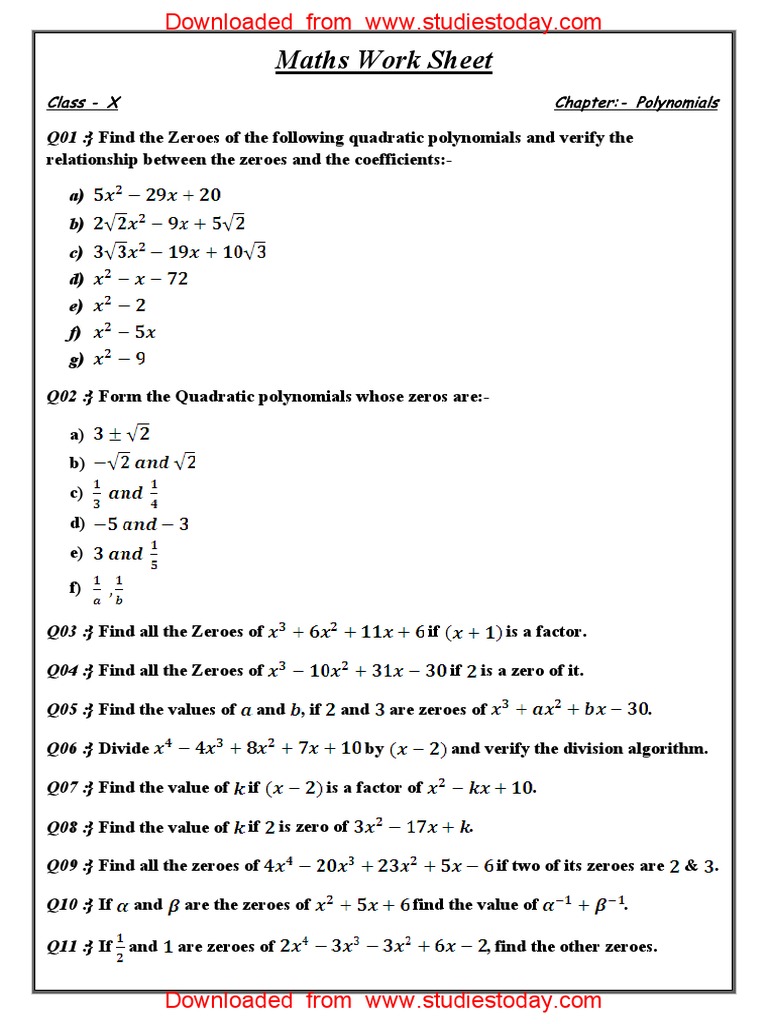 Polynomials Class 9 Worksheet Pdf