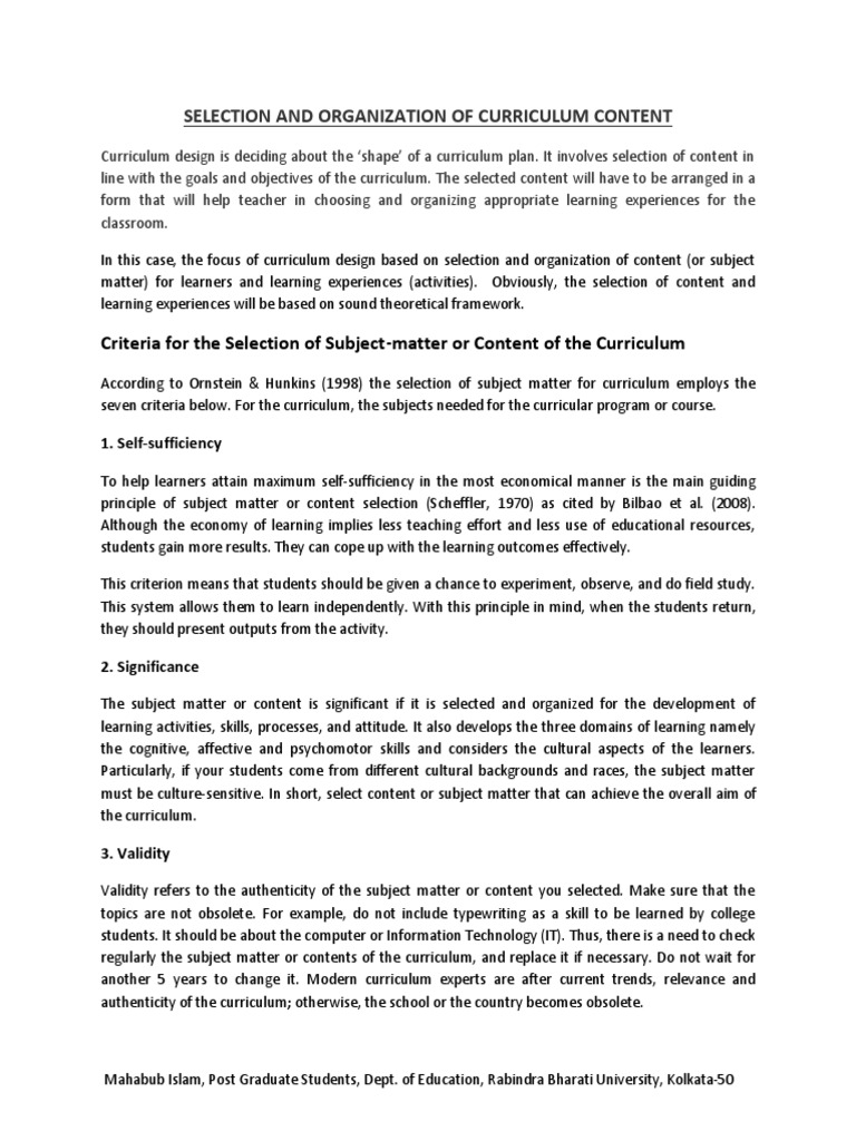 Curriculum Design: Selecting and Organizing Content | PDF | Curriculum ...
