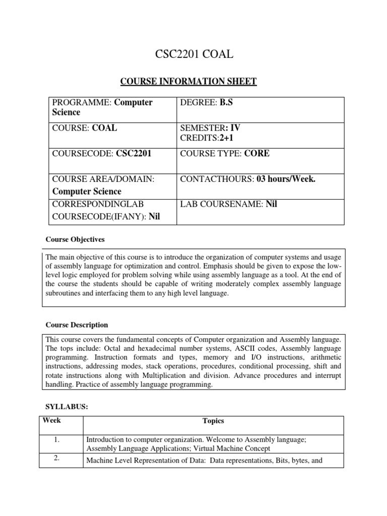 COAL CourseOutline | PDF | Assembly Language | Subroutine