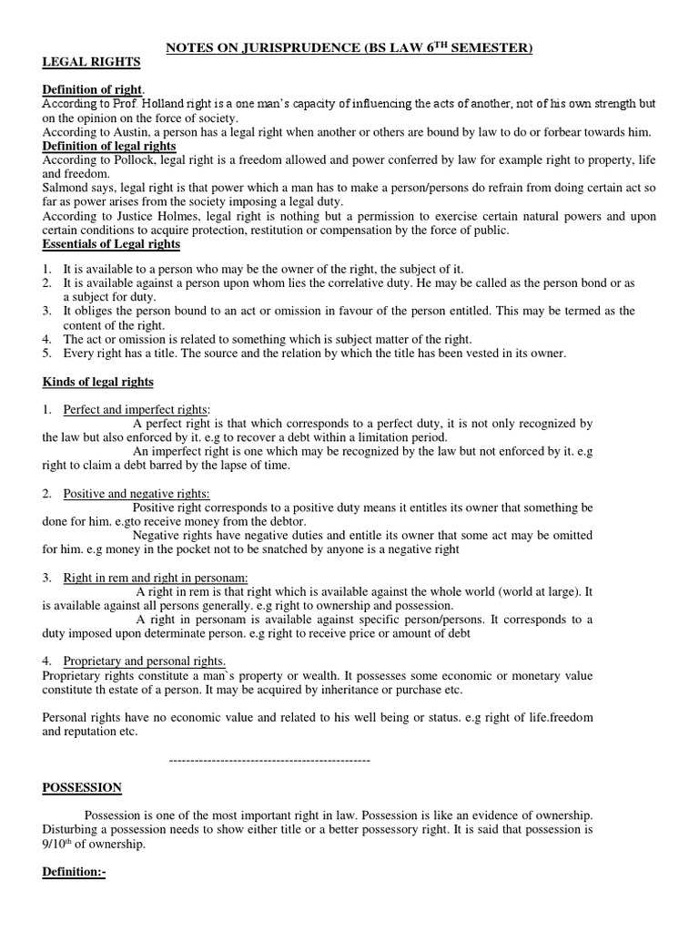 Notes On Jurisprudence (Bs Law 6 Semester) Legal Rights Definition of Right Download Free