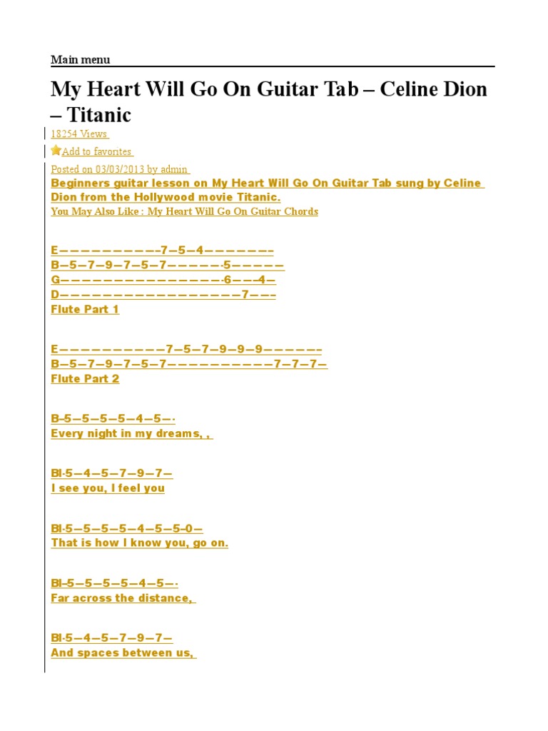 My Heart Will Go On Guitar Tab - Celine Dion - Titanic: Main Menu | PDF