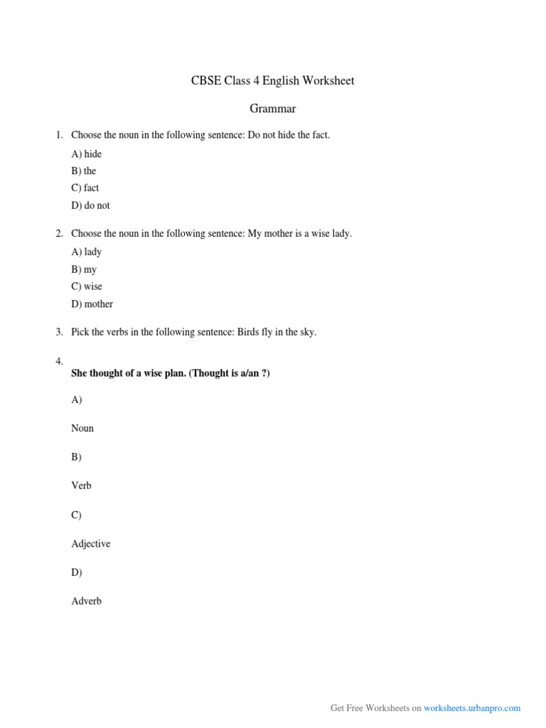 English Grammar Worksheets For Grade 4 Cbse Free Printable English