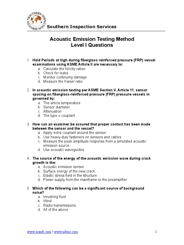Acoustic Emission Testing Method Level I Questions Southern Inspection