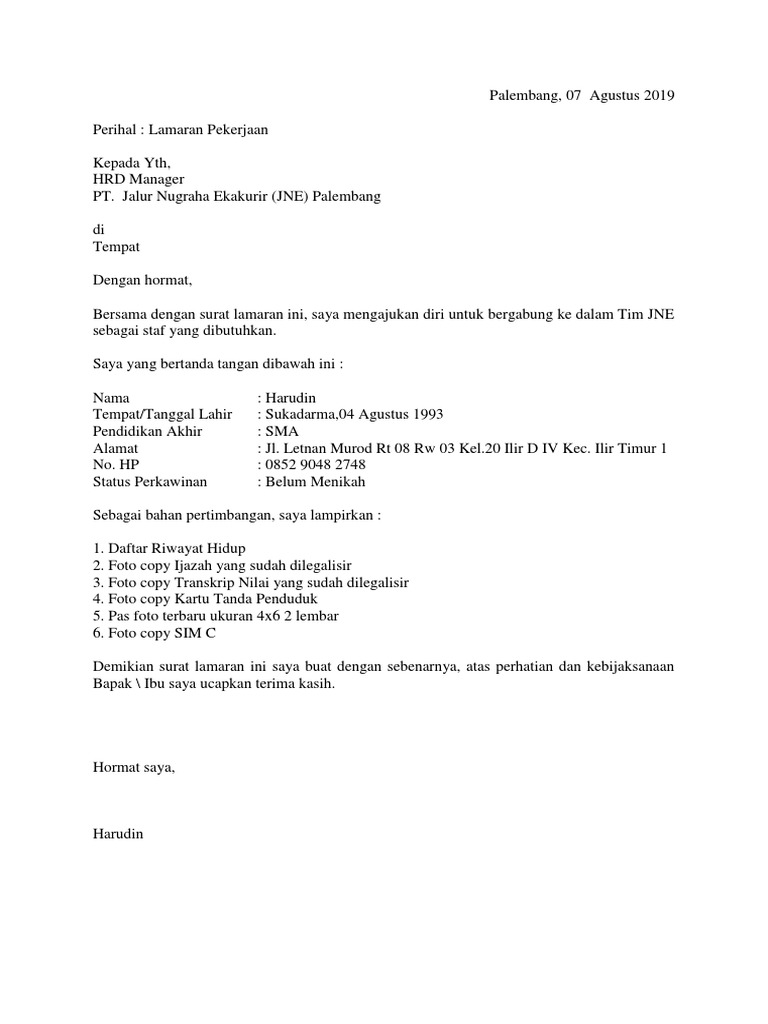 Contoh Surat Lamaran Kerja Jne Pdf