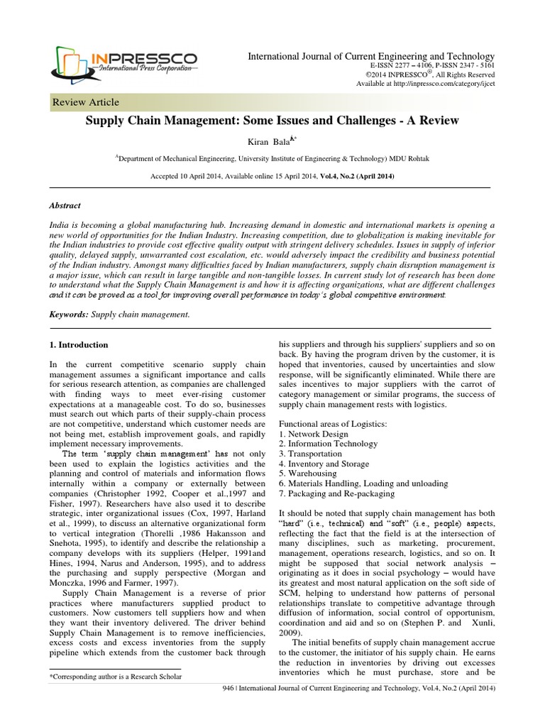 Supply Chain Management: Some Issues and Challenges - A Review | PDF ...