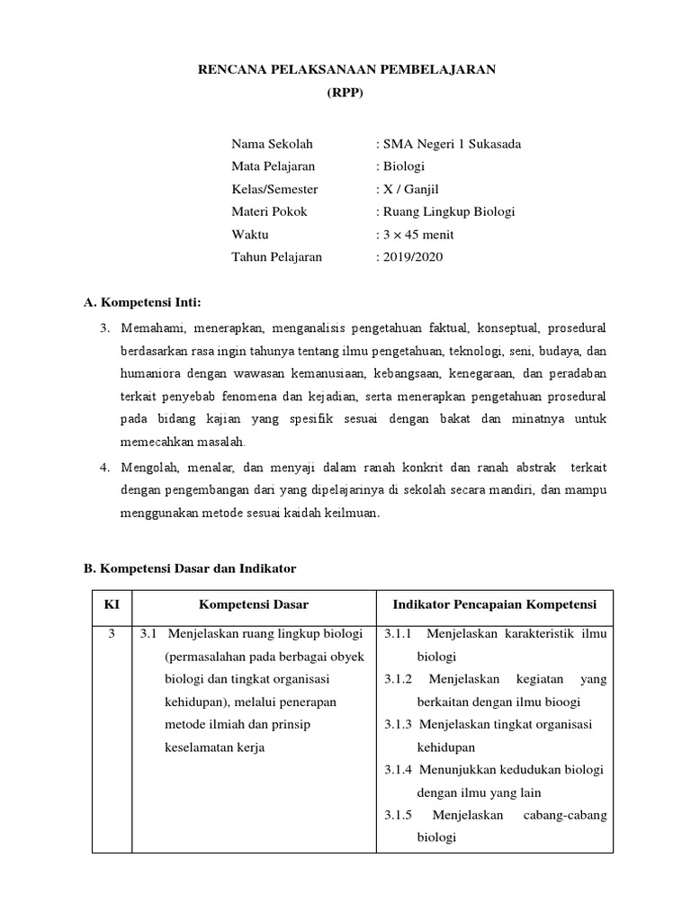 Rpp Ruang Lingkup Biologi Kelas X Smt 1 2019