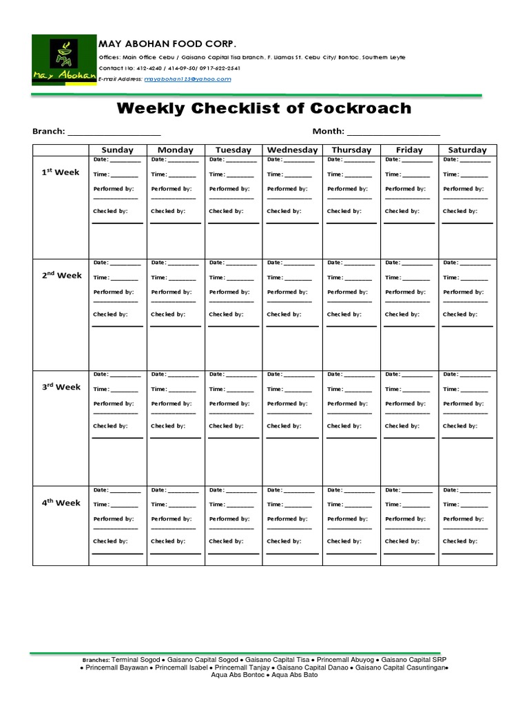 Weekly Cockroach Checklist Template | PDF | Sports