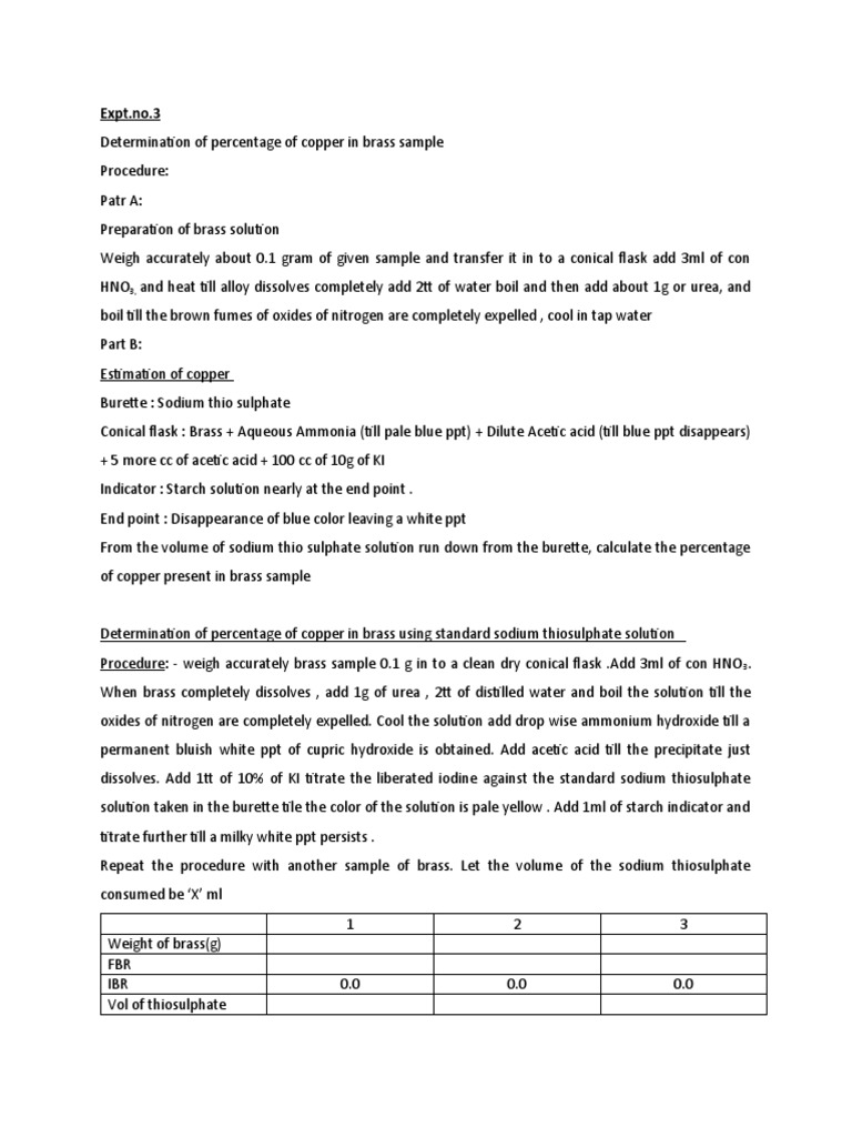 Determination of Percentage of Copper in Brass Sample PDF Chemistry