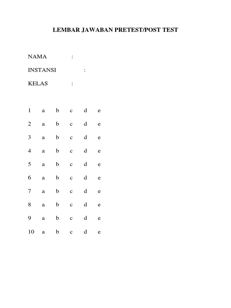 Nama Instansi Kelas Lembar Jawaban Pretest Post Test Pdf