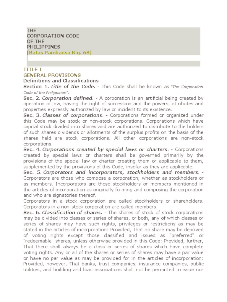 Corporation Code of The Philippines | PDF | Corporations | Preferred Stock