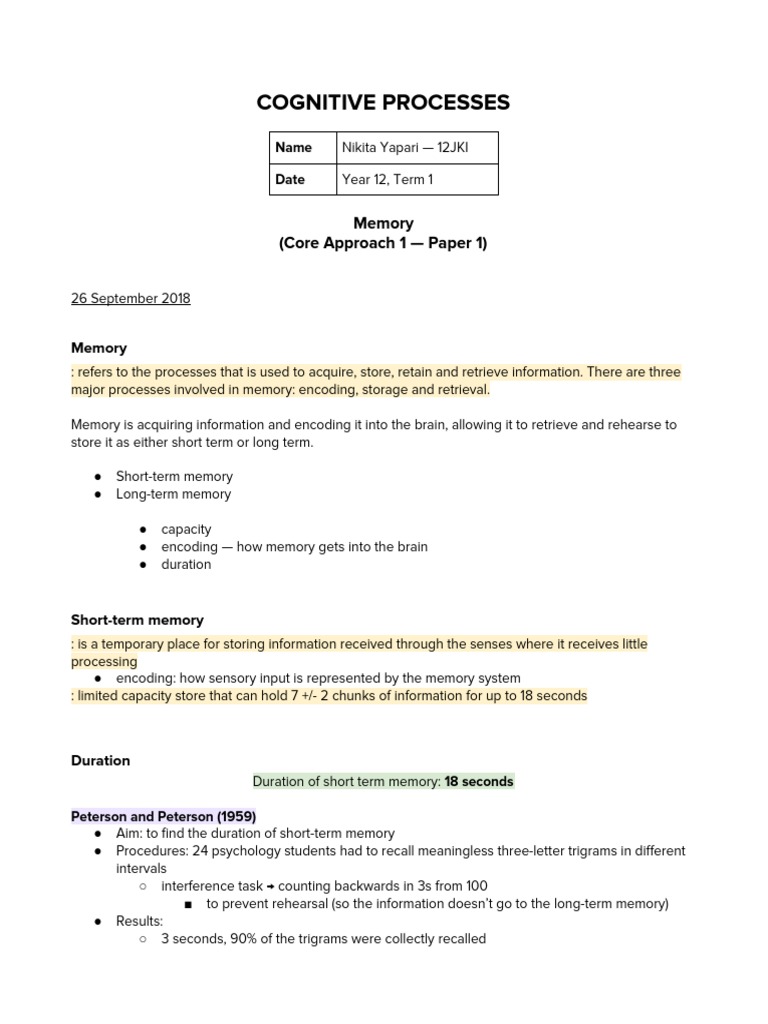 Memory Processes in Cognitive Psychology | PDF | Memory | Mental Processes
