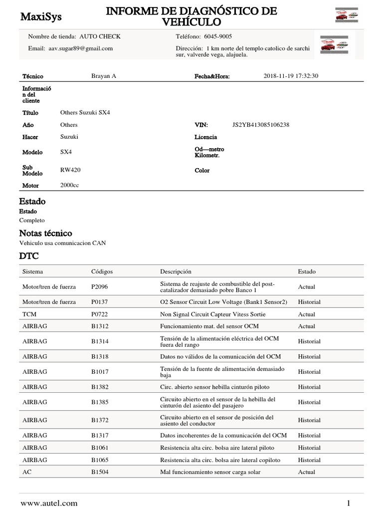 Autel Report Example | PDF | Airbag | Tecnología de vehículos