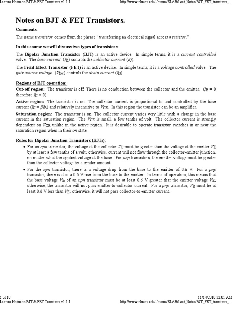 BJT and FET Transistor Overview | PDF | Field Effect Transistor ...