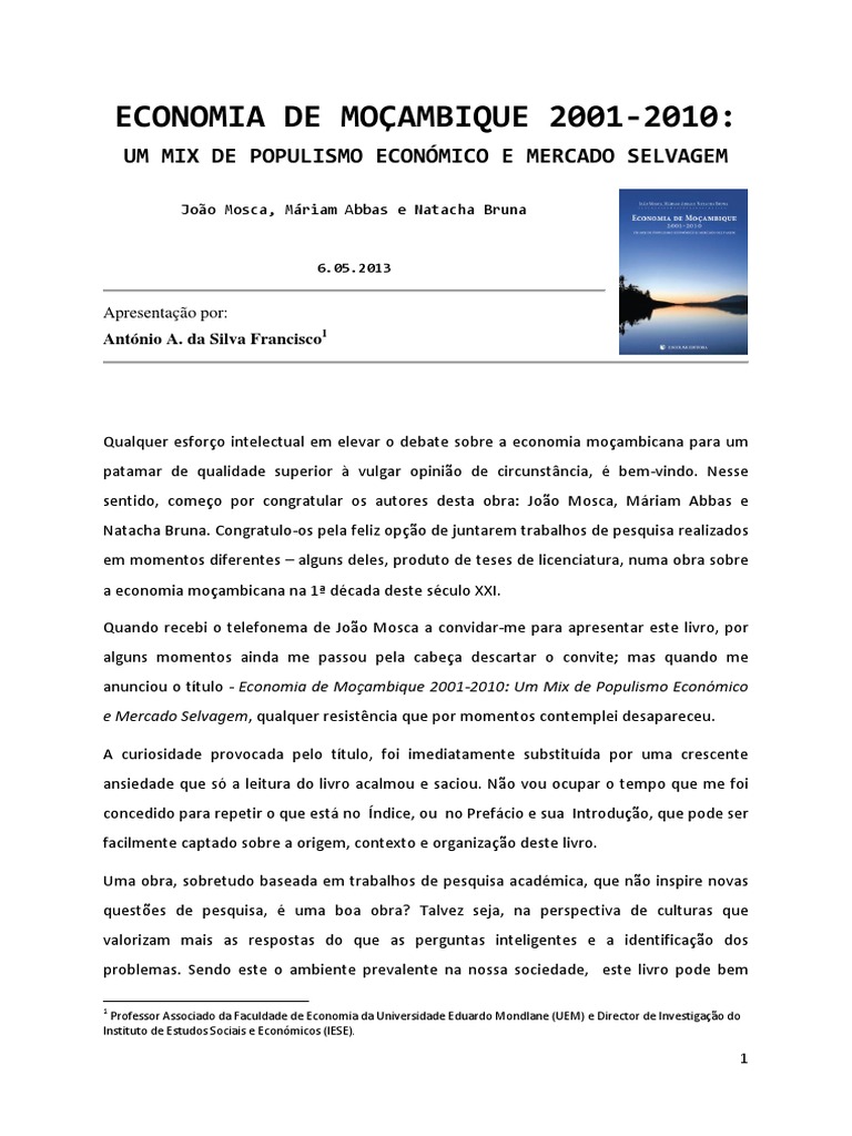 Apresentação Livro J. Mosca - 06.05.13 PDF | PDF | Moçambique | Economia