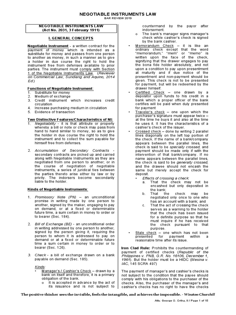 Negotiable Instruments Law Review | PDF | Negotiable Instrument ...