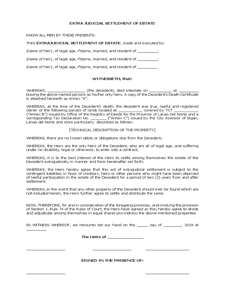 An Agreement to Settle an Estate Extrajudicially Dividing Property