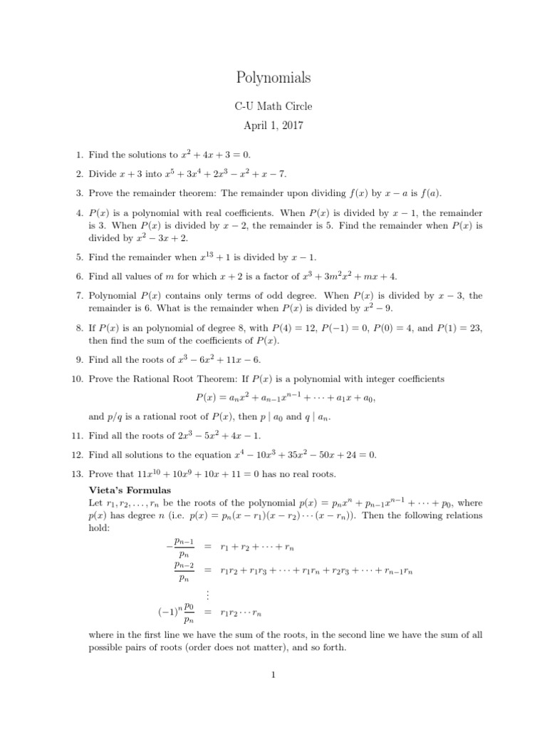Exercises On Polynomials | PDF | Polynomial | Zero Of A Function