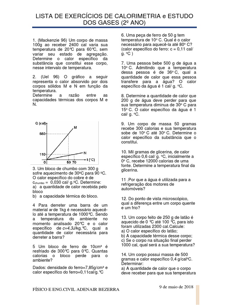 Exercícios de Calorimetria e Gases | PDF | Calor | Calorimetria