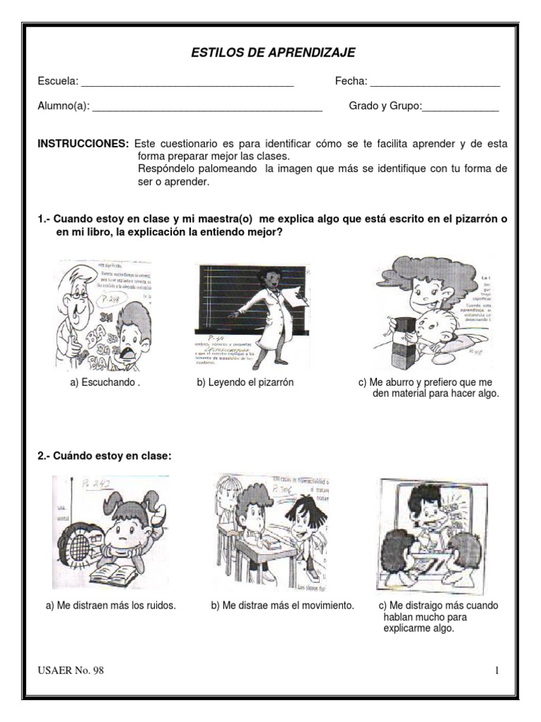 21.1 Formato TEST Estilos Aprendizaje Con Dibujos (13-14) | PDF ...