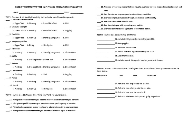 Grade 7 PE Summative Test Q1 | PDF | Track And Field | Flexibility ...