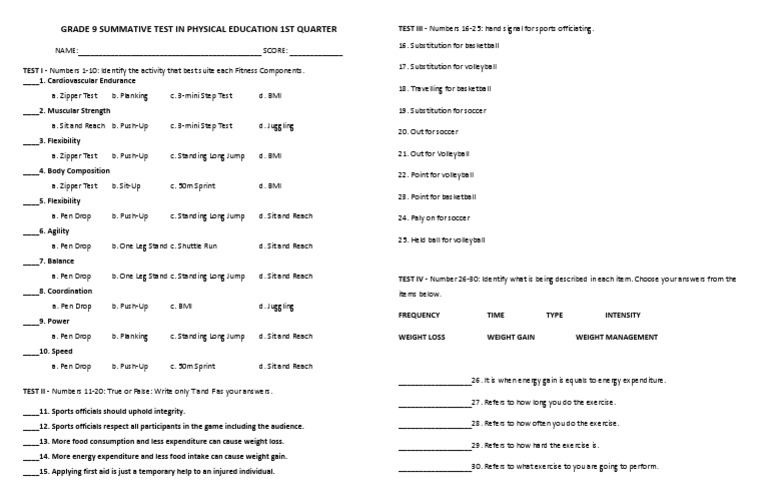 g9 Summative Test in Physical Education 1st Quarter | PDF | Obesity ...