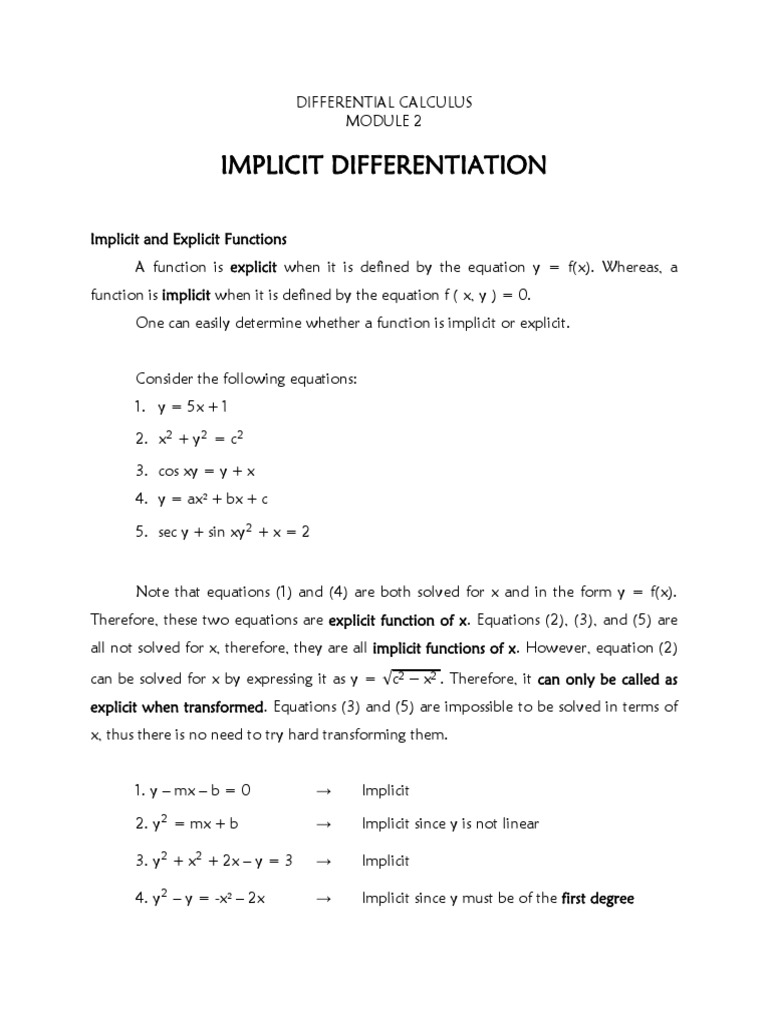 Module 2 Implicit Differentiation Equations Function Mathematics
