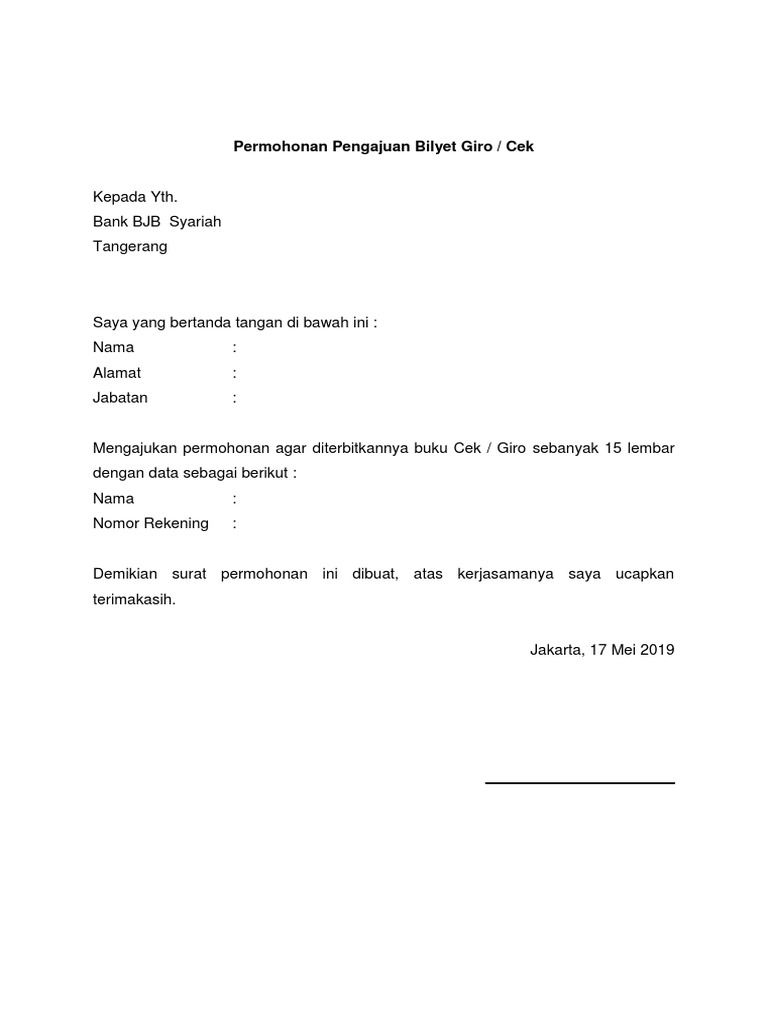Surat Permohonan Penerbitan Cek Bjb